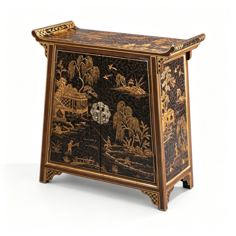 Chinese Gilt Landscape Upraised-End Cabinet