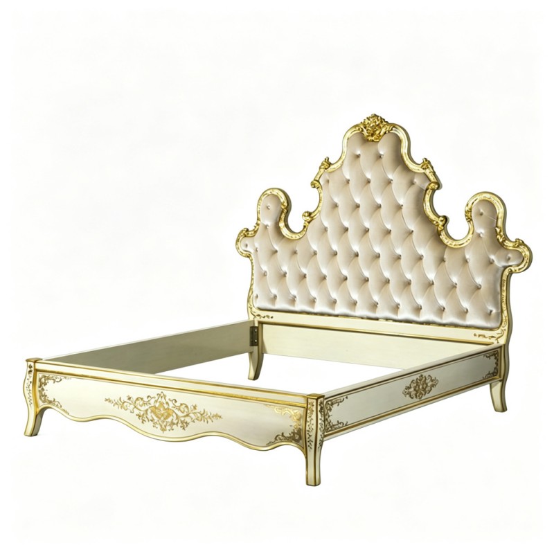 French Classical Cream Upholstered Wavy Carved Bed Frame