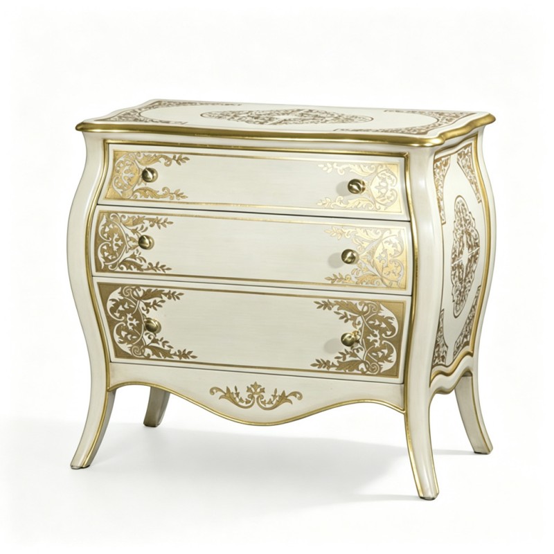French Classical Cream Gold-Carved Three-Drawer Chest
