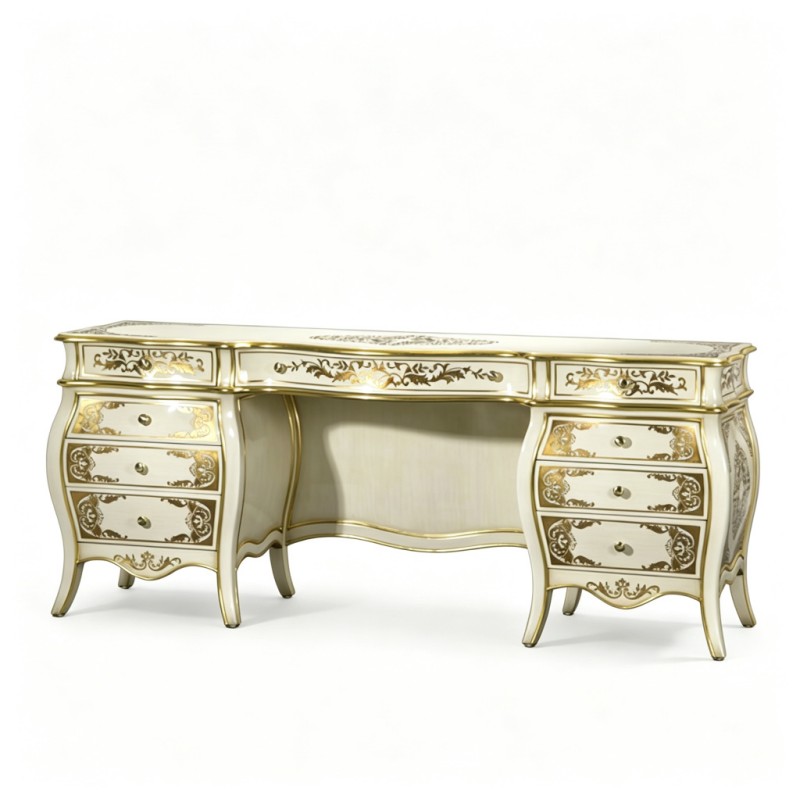 French Classical Cream Gilded Carved Multi-Drawer Writing Desk