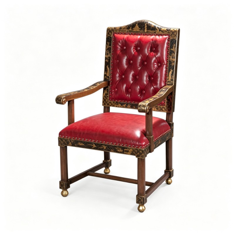 French Classical Burgundy-Leather Black-Gold Carved Armchair