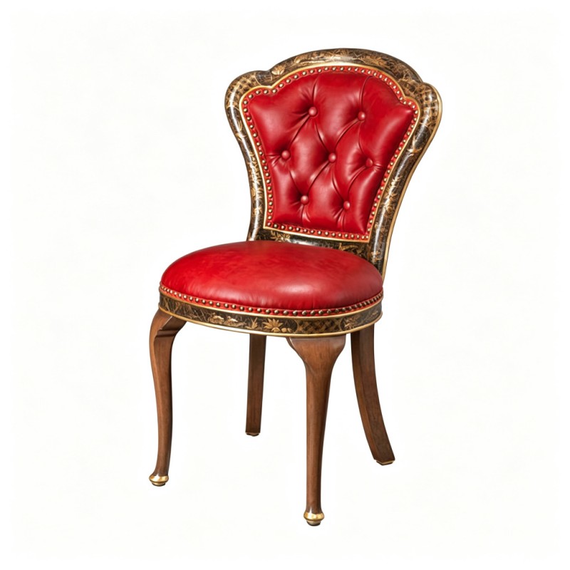 French Classical Red-Leather Scalloped-Backrest Carved Dining Chair