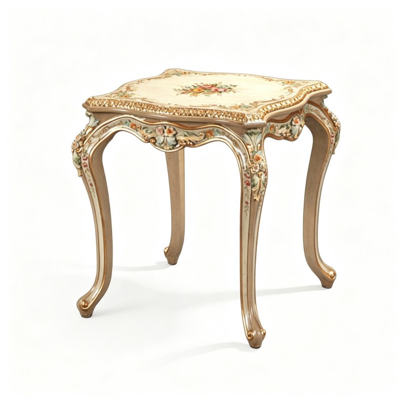 French Classical Petal-Shaped Floral Hand-Painted Carved Side Table