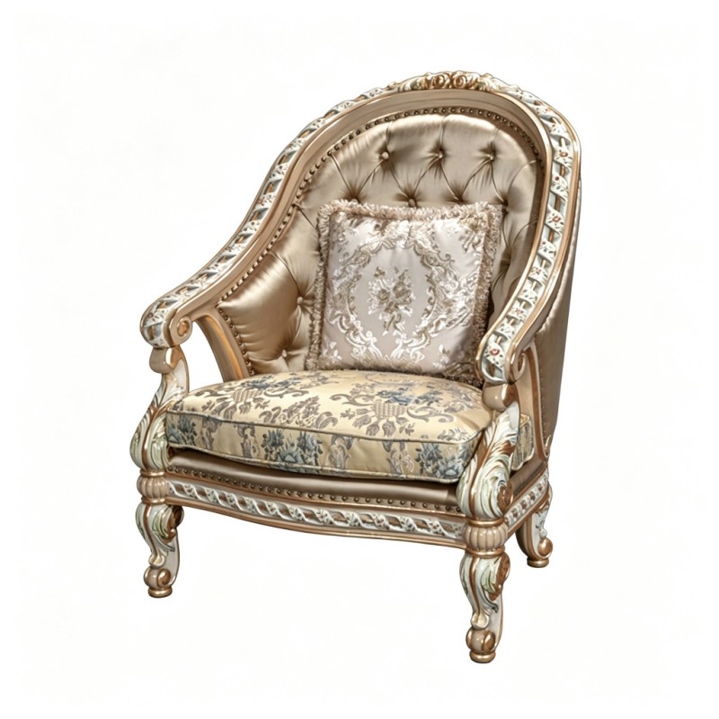 French Classical Beige-Gold Upholstered Carved Armchair