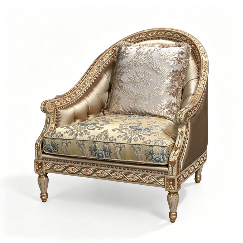 French Classical Champagne-Satin Brocade Carved Armchair