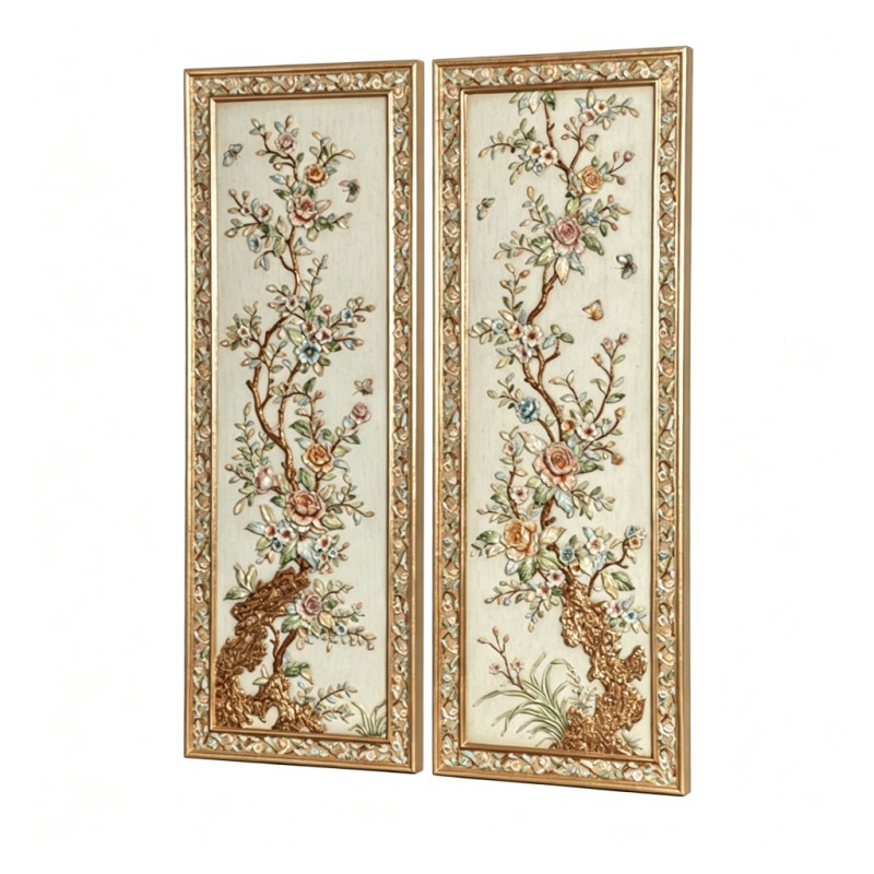 Pair of Cream Relief Floral-Branch-and-Butterfly Wall Art