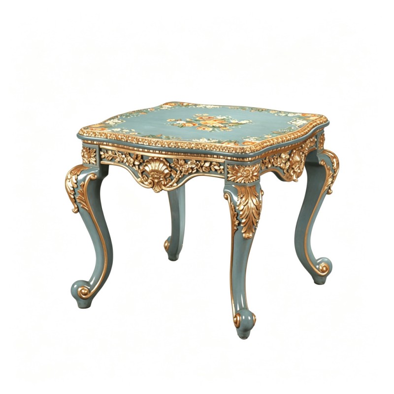 French Classical Grey-Blue Gold-Carved Floral Side Table