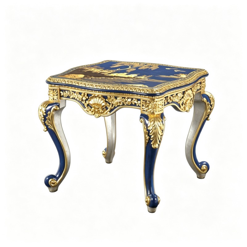 French Classical Deep-Blue Gold-Carved Landscape Side Table