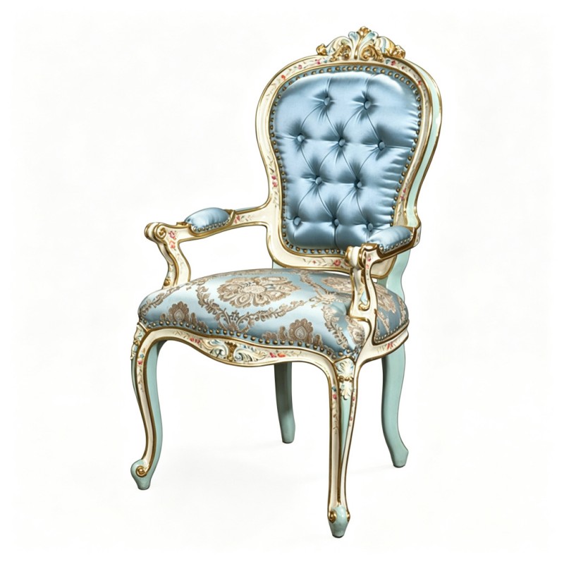 French Classical Cream Light-Blue Satin Carved Armchair
