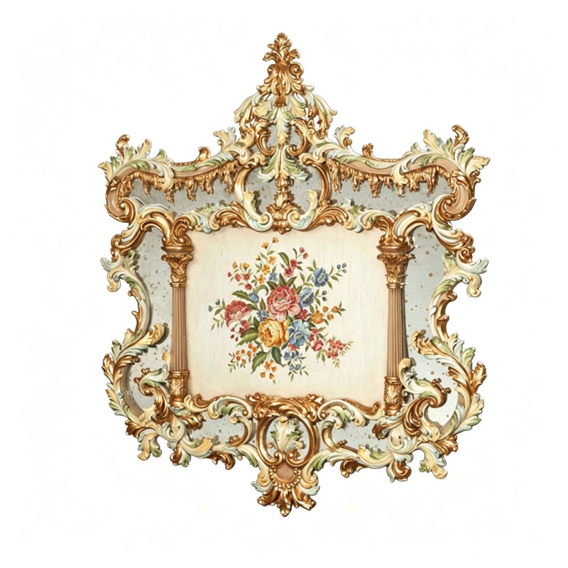 French Rococo Gold-Carved Floral-Bouquet Decorative Mirror Frame