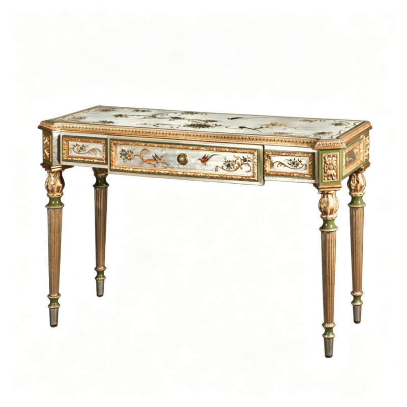 French Classical Bird-Flower Hand-Painted Gilded Carved Writing Desk