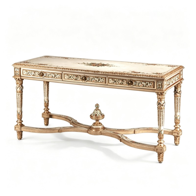 French Classical Cream Floral Hand-Painted Carved Writing Desk