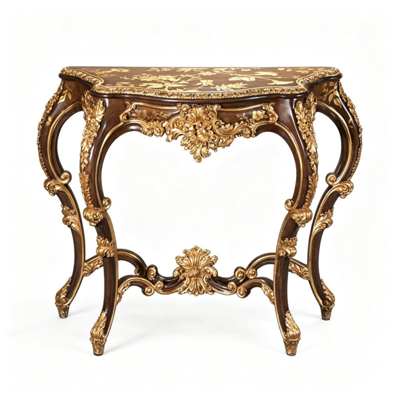 Gilded Classic French-Style Carved Curved Console Table