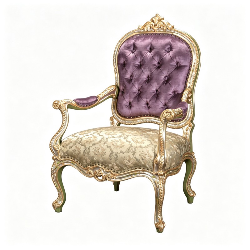 French Rococo Light-Green Plum-Velvet Carved Armchair