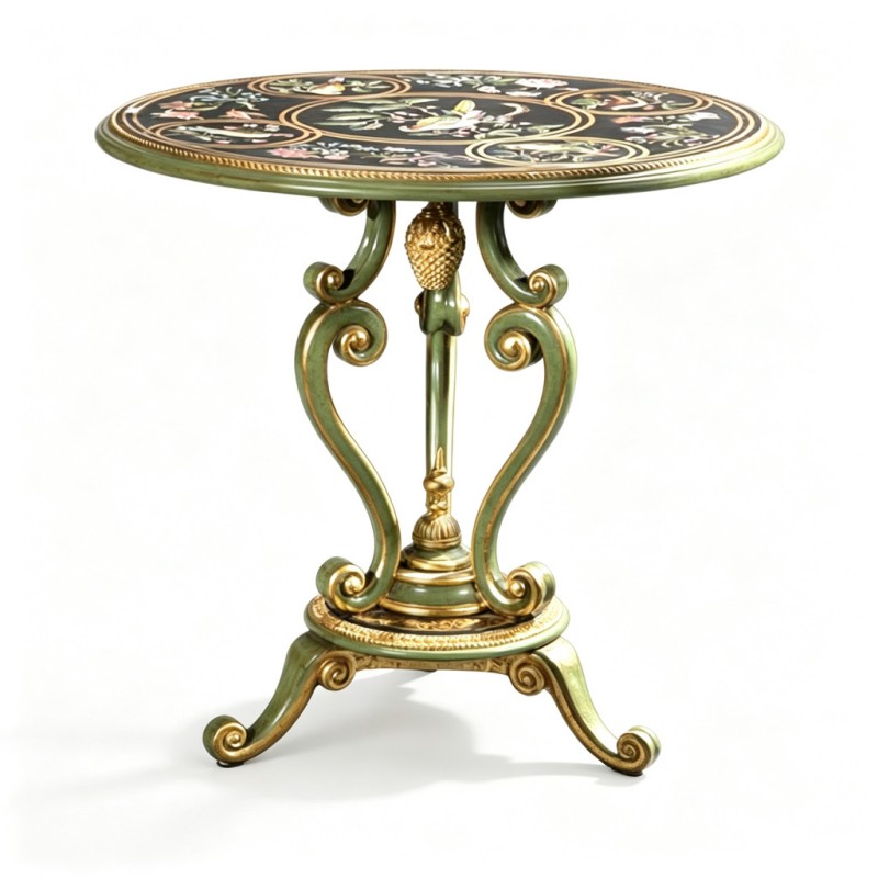 French Classical Black-Base Bird-Flower Inlaid Round Side Table