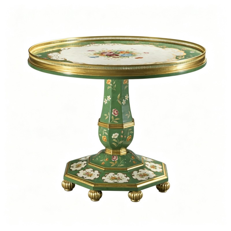 French Classical Green-Base Floral Hand-Painted Railing Side Table