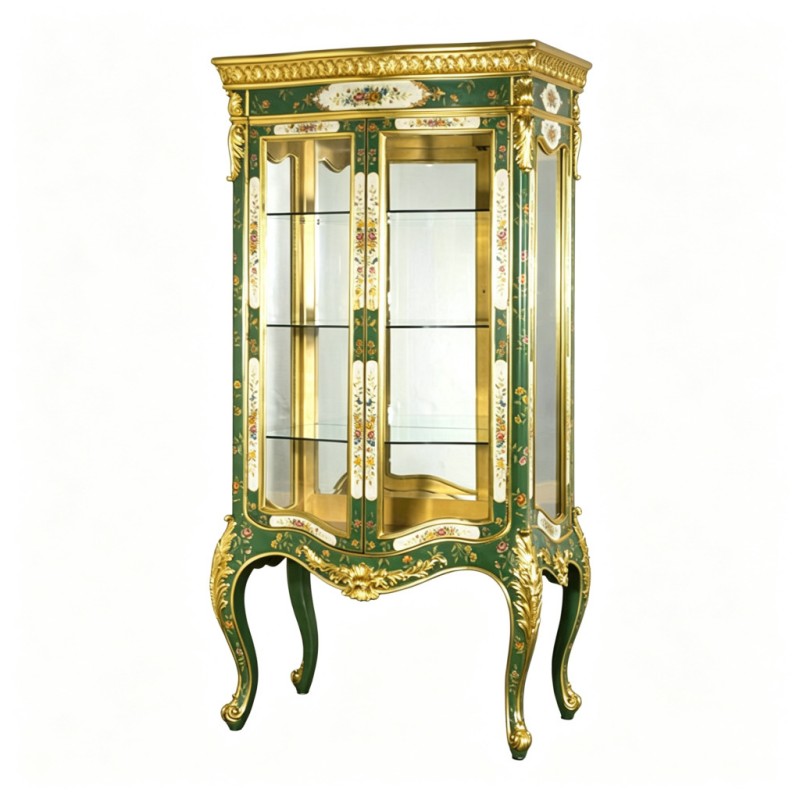 French Classical Deep-Green Gilded Carved Glass Display Cabinet