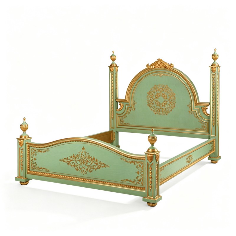 French Classical Light-Green Gold-Carved Four-Poster Bed