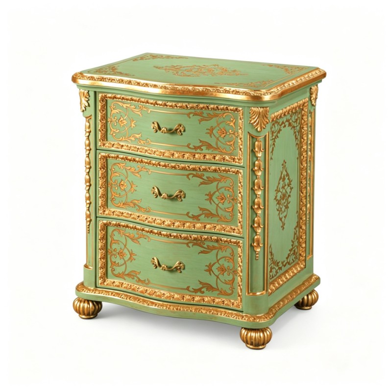 French Classical Mint-Green Gold-Carved Three-Drawer Nightstand