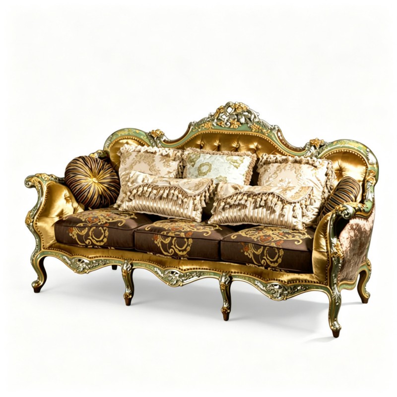 French Classical Green-Base Gold-Carved Three-Seat Sofa