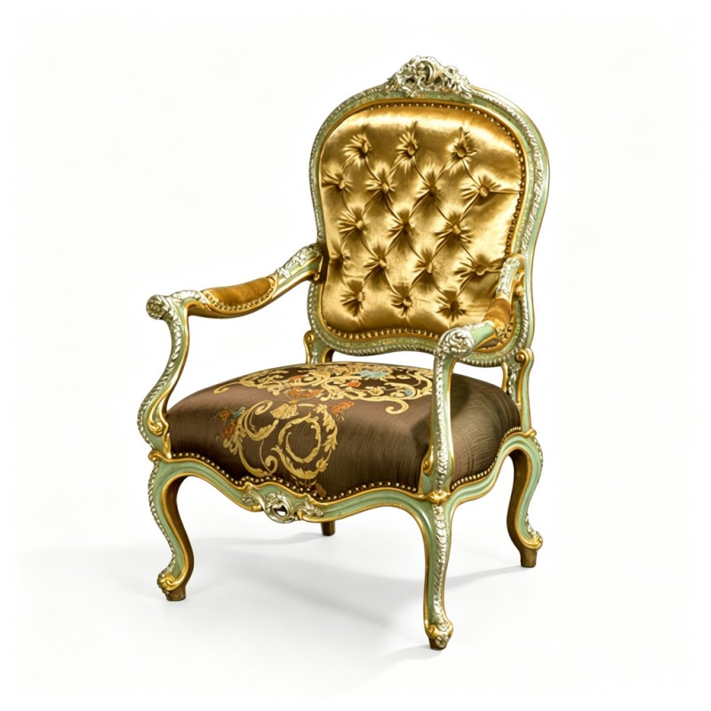 French Rococo Light-Green Gilded Carved Armchair