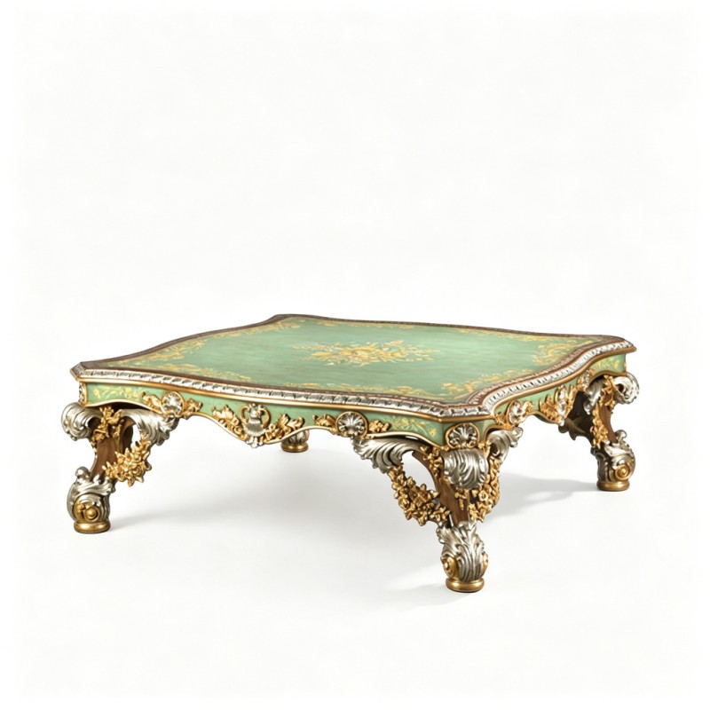 French Rococo Celadon Gilded Carved Low Coffee Table