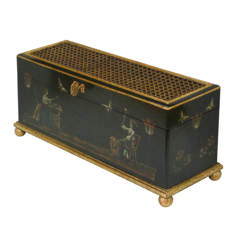Vintage Black-Lacquer Gilt-Figure Rectangular Decorative Box