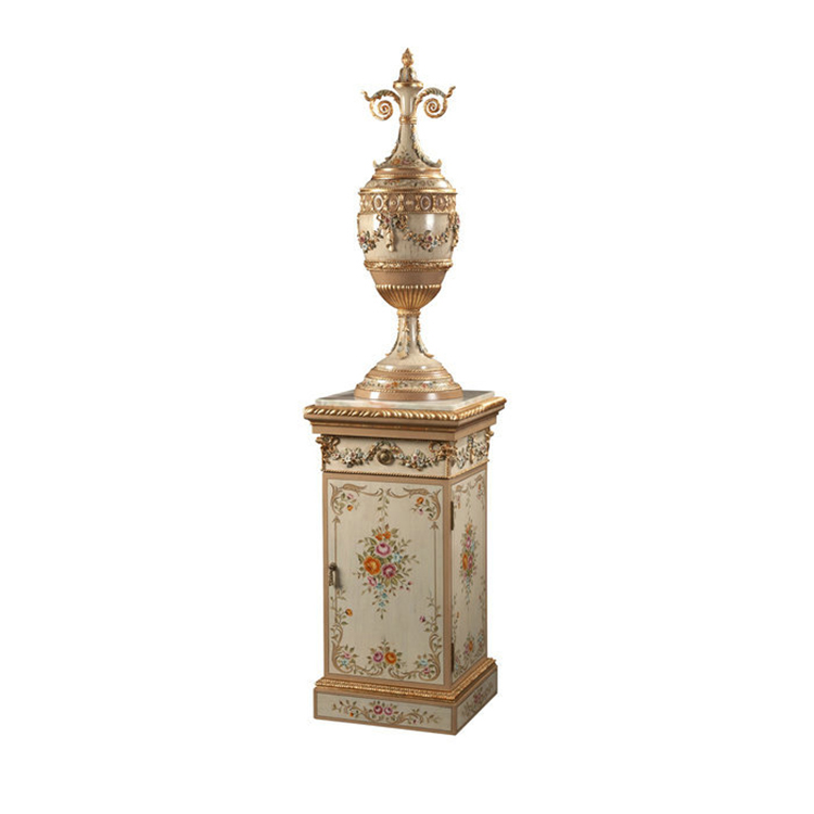 French Cream Floral-Painted Carved Column Cabinet and Vase Set
