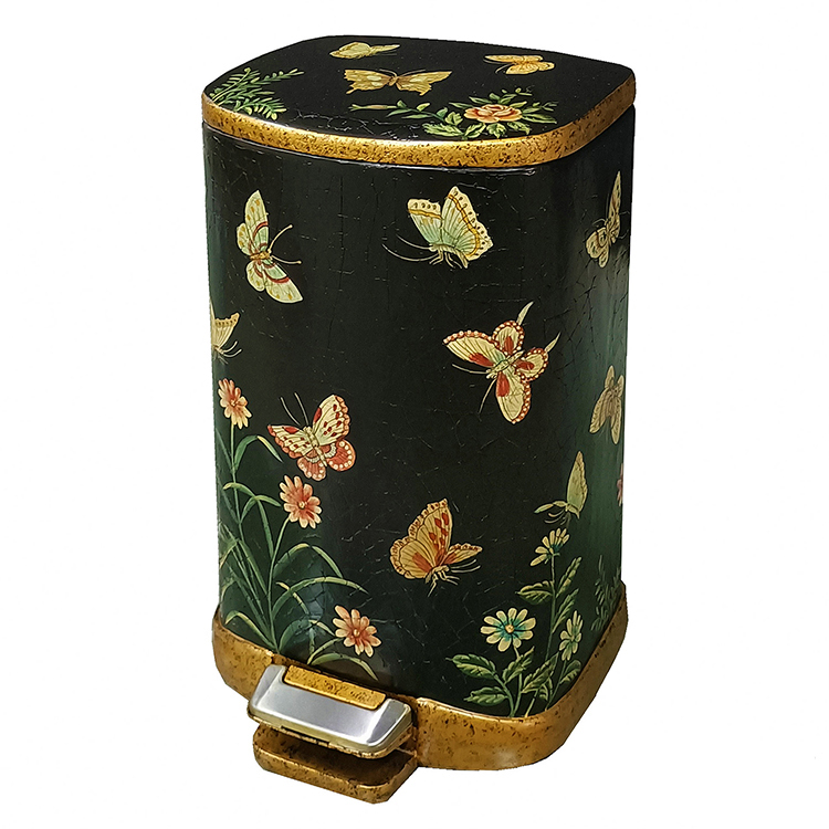 Vintage Black-Base Butterfly-Floral Hand-Painted Pedal Waste Bin