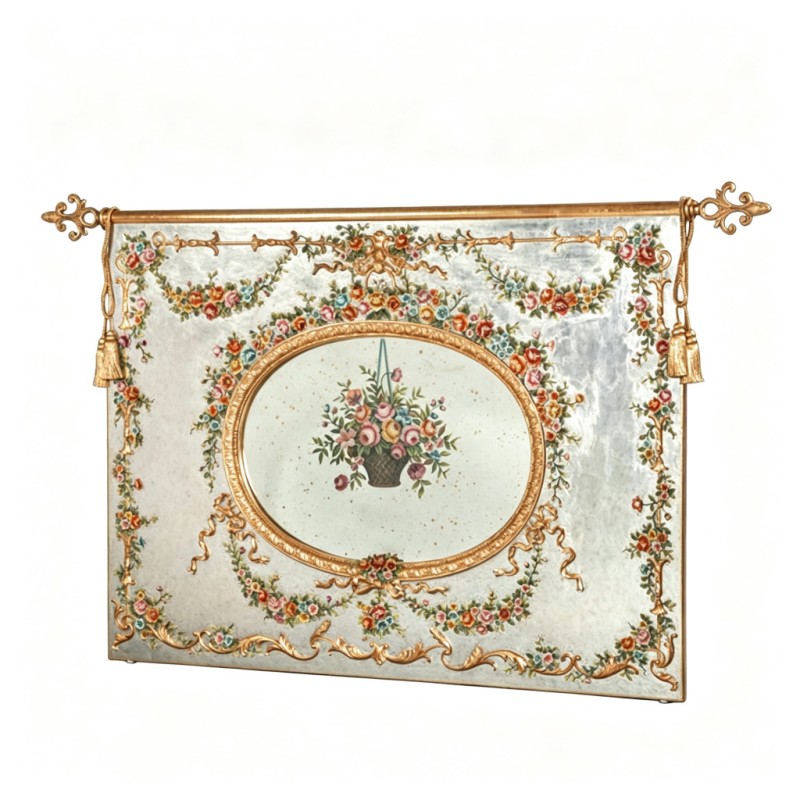 Distressed Silver Oval-Mirror Floral-Basket Decorative Mirror