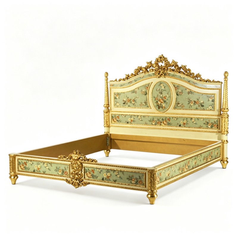French Classical Cream Gilded Floral-Panel Double Bed