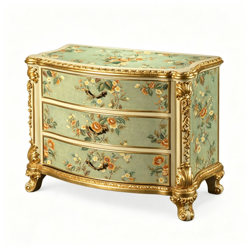 French Classical Light-Celadon Floral Hand-Painted Three-Drawer Chest