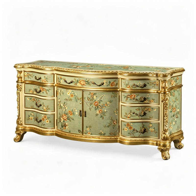 French Classical Curved Bird-Flower Hand-Painted Sideboard