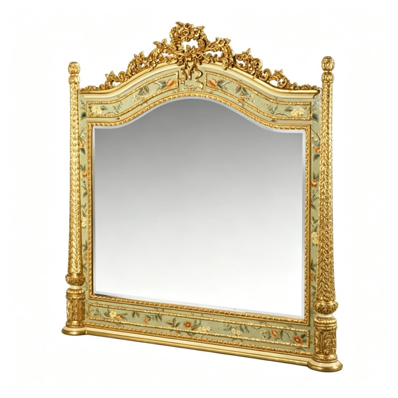 French Classical Gold-Carved Light-Green Hand-Painted Wall Mirror