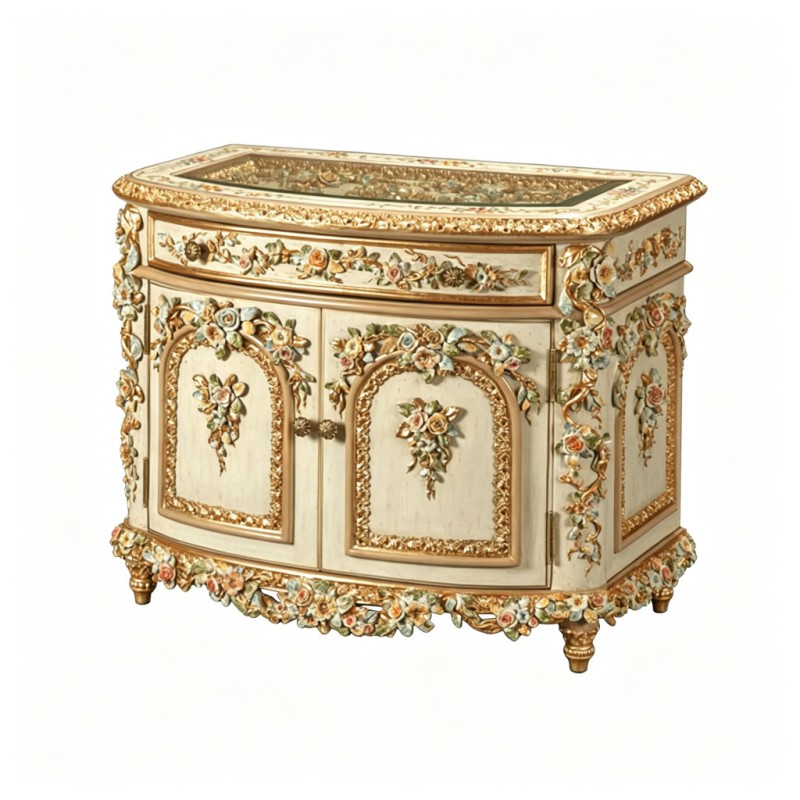 French Classical Cream Floral-Relief Glass-Top Storage Cabinet