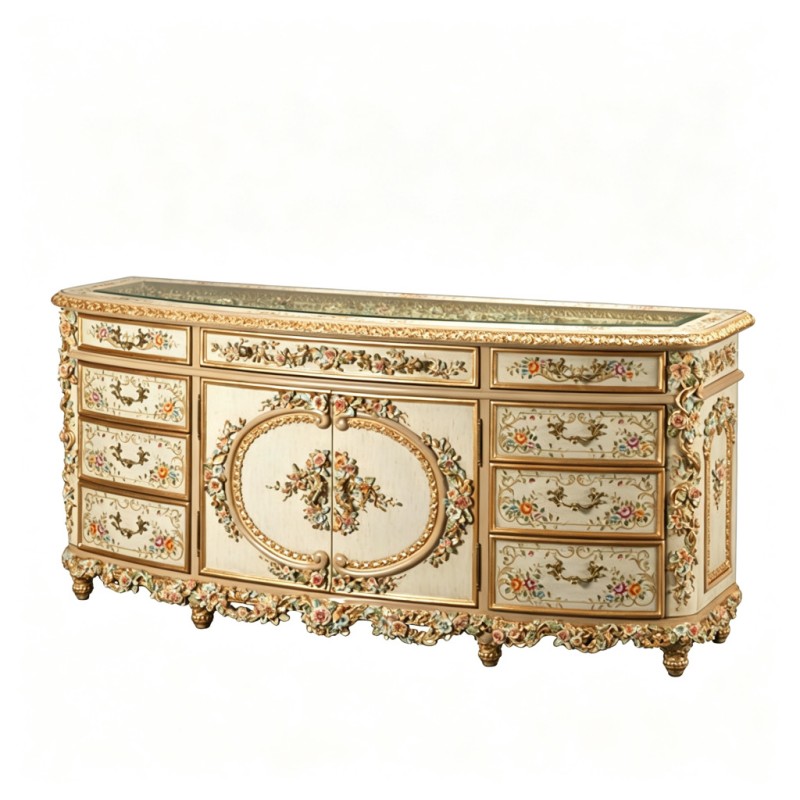 French Rococo Curved Glass-Top Sideboard