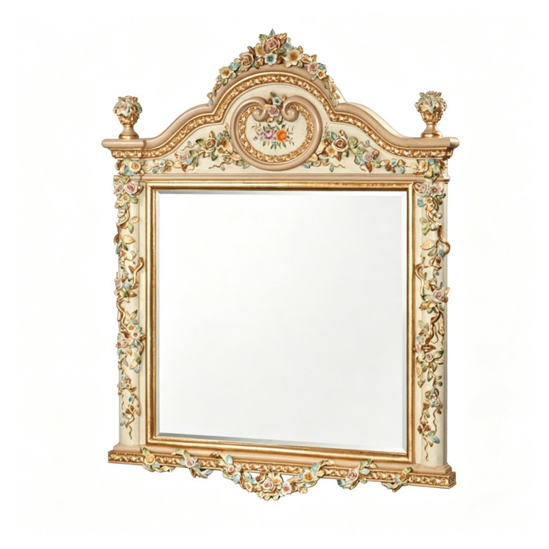 French Classical Cream Gold-Carved Floral Wall Mirror