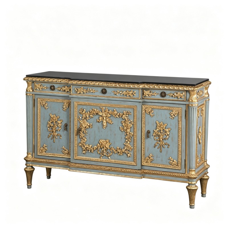 French Classical Light-Celadon Distressed Gold-Carved Display Cabinet