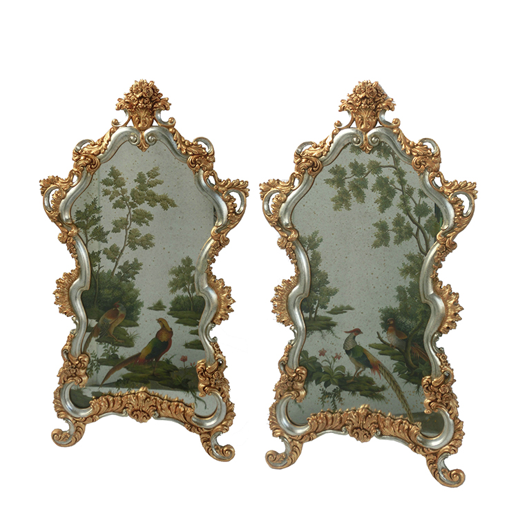 French Gilded Silver-White Carved Chinese Bird-and-Flower Wall Mirror