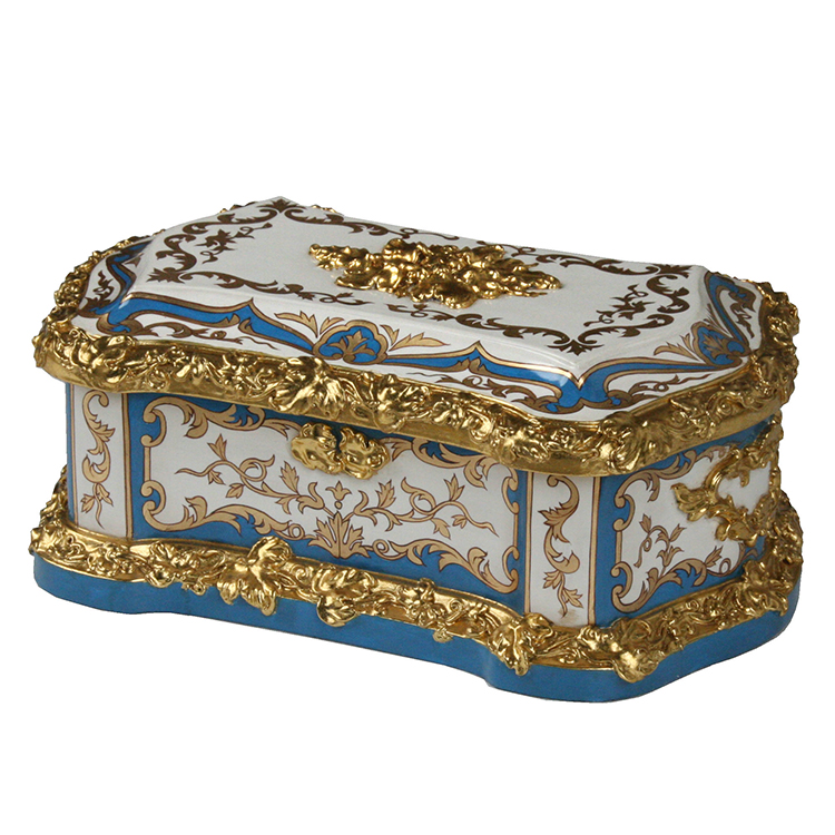 French White-Porcelain Sapphire-Gilded Carved Jewelry Box