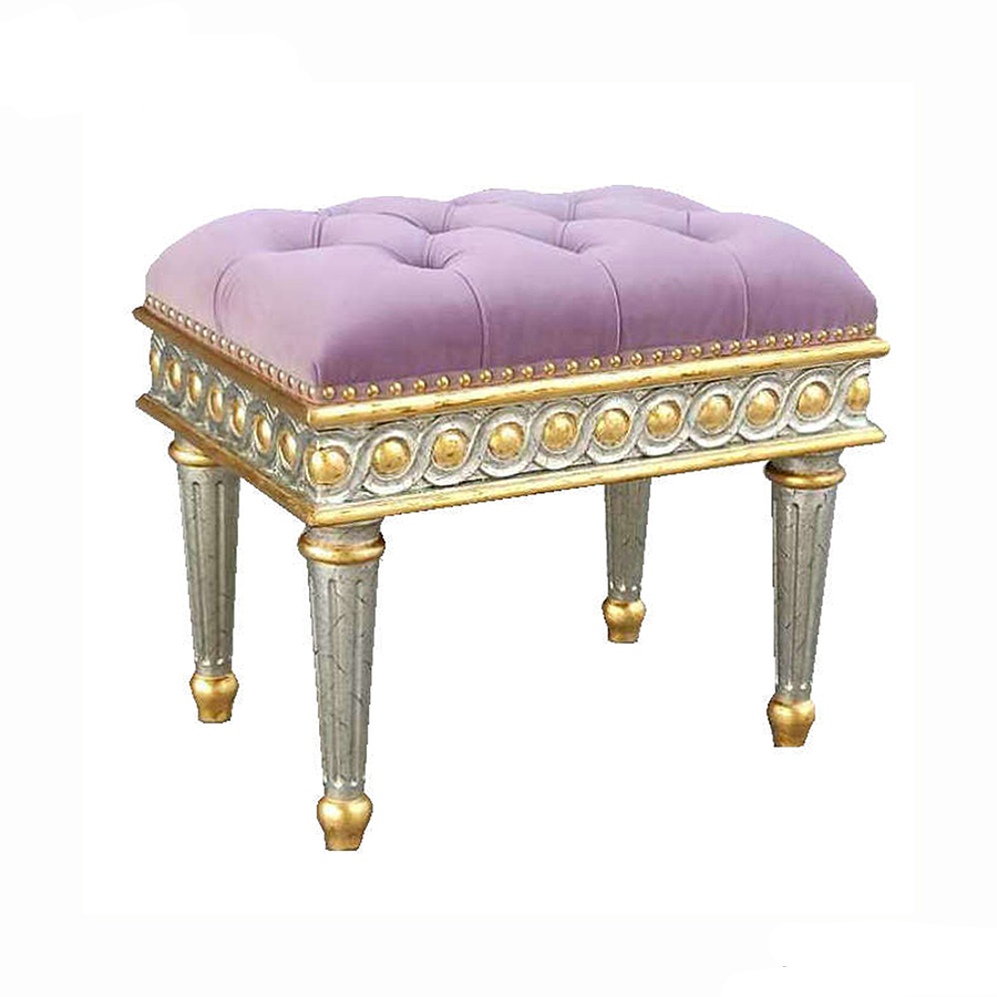 French Lilac Tufted Carved Vanity Stool