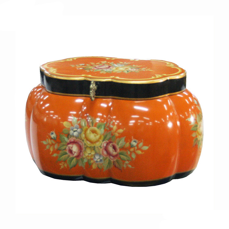 French Orange Pumpkin-Shape Floral Hand-Painted Storage Box