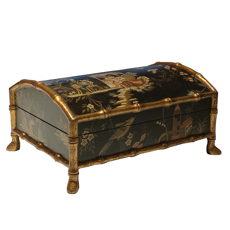 Chinese Bamboo-Styled Black-Base Bird-and-Flower Hand-Painted Jewelry Box