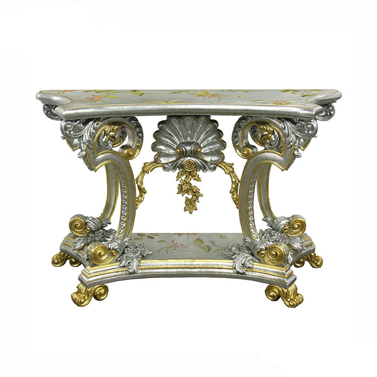 French Silver-Grey Gold-Carved Hand-Painted Console Table