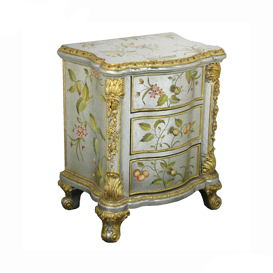 French Silver-Grey Floral-Gold-Carved Three-Drawer Nightstand