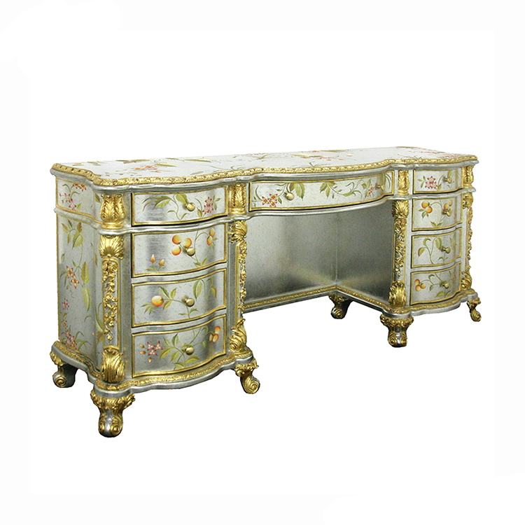 French Silver-Grey Floral-Gold-Carved Decorative Writing Desk