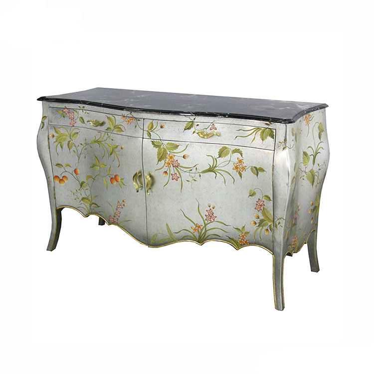 French Silver-Grey Floral-Gold-Carved Marble-Top Sideboard