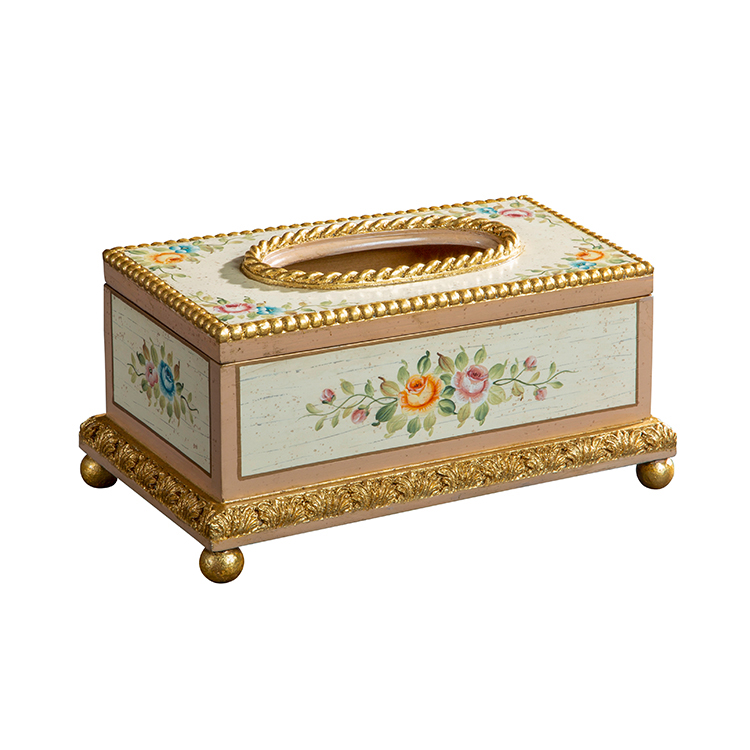 French Cream Rose Hand-Painted Carved Rectangular Tissue Box
