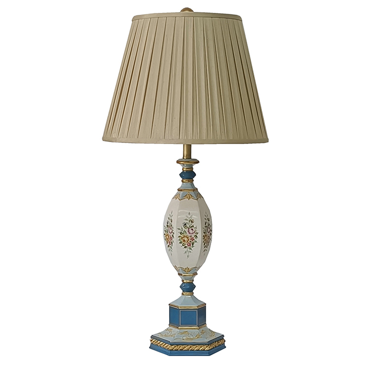 French White-Porcelain Floral Blue-Gold-Bordered Table Lamp
