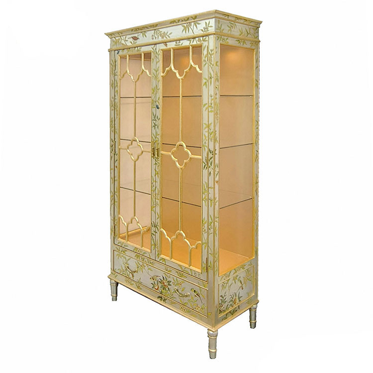 Chinese Bird-and-Flower Bamboo-Pattern Hand-Painted Glass Display Cabinet